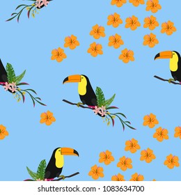 Seamless pattern with toucan and tropical flowers. Monstera, palm, passion fruit.