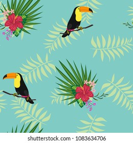 Seamless pattern with toucan and tropical flowers. Monstera, palm, passion fruit.