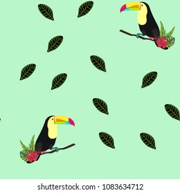 Seamless pattern with toucan and tropical flowers. Monstera, palm, passion fruit.