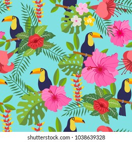 Seamless pattern with toucan, tropical leaves and flowers on background