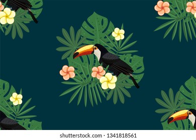 Seamless pattern with toucan and tropical leaves and flowers on a dark blue background