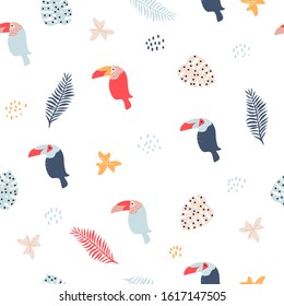 Seamless pattern with toucan and tropical leaves. Cute kids print. VEctor hand drawn illustration.