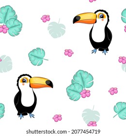 Seamless pattern with toucan, tropical leaves and flowers. Vector illustration isolated on white background.