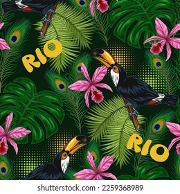 Nahtlose Muster mit Toucan, tropischer Vegetation, Halbtonformen. Monstera, Palmenblätter, Orchidee, Text Rio. Vintage-Illustration für Drucke, Bekleidung, Textilien, Oberflächengestaltung
