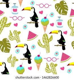 Seamless pattern with toucan, watermelon, leaves, pineapple