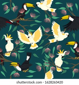 Seamless pattern with toucans and cockatoo. Vector graphics.