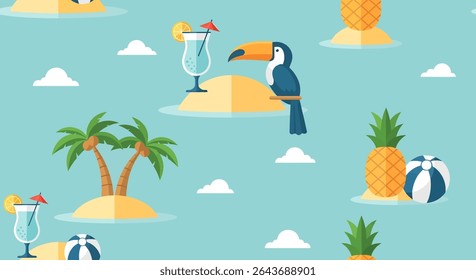 Um padrão perfeito com tucanos, coquetéis, abacaxis, ilhas, palmeiras e bolas de praia em um fundo azul claro com nuvens brancas.