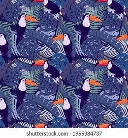 Seamless pattern toucans on botanical background. Abstract texture decoration with leaf monstera, palm and banana in blue color. Fashion of summer nature jungle for print. Vector illustration design.