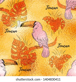 Seamless pattern with toucans on golden and pink foil