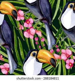 Seamless pattern with toucans and orchids. Watercolor hand drawing. Vector illustration