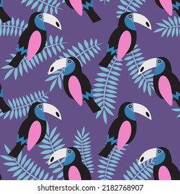 Seamless pattern with toucans and palm leaves on purple background. Modern design for fabric and paper, surface textures.