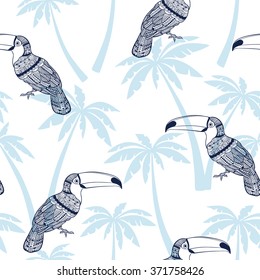Seamless pattern with toucans and  palm trees. Vector tropical background.