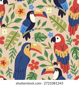Patrón sin fisuras con tucanes y loros y flores y hojas tropicales. Gráficos de Vector.