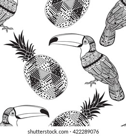 Seamless pattern with toucans and pineapples. Black and white doodle background.