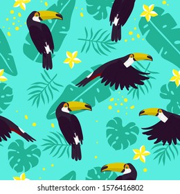 Seamless pattern with toucans, plumeria and tropical leaves. Vector graphics.