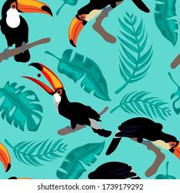 Patrón sin foco de los turistas en la selva tropical. Tópicos exóticos impresos para camisetas de diseño, tapicería en vivero. 
Ilustración vectorial en colores turquesa, negro y naranja.