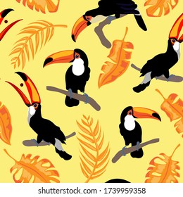 Seamless pattern of toucans in the rainforest. Exotic tropics print for design t-shirts, wallpaper in nursery. 
Vector stock illustration in yellow, black and orange colors. Stock vector illustration