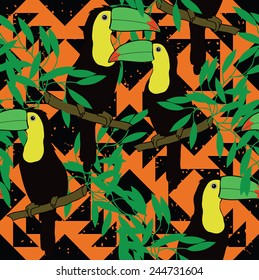 Seamless pattern with toucans. Tribal style. Vector. Editable colors.