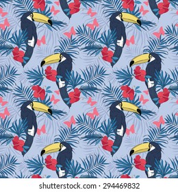 Seamless pattern with toucans, tropical flowers, palm leaves and butterflies, vector illustration