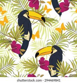 Patrón sin problemas con los tucanes, las flores tropicales, las hojas de palma y las mariposas, ilustración vectorial