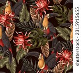 Seamless pattern with toucans and tropical leaves. Vector