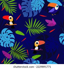 Seamless pattern  with toucans and tropical leaves. Hand drawn summer pattern. Rainforest toucan flat seamless pattern. Tropical exotic colors seamless pattern.