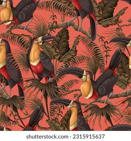 Seamless pattern with toucans and tropical leaves. Vector