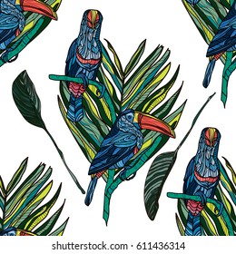 Seamless pattern with toucans and tropical leaves on white background. Vector illustration.