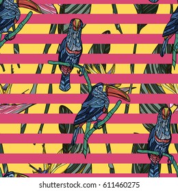 Seamless pattern with toucans, tropical leaves and pink stripes on yellow background. Vector illustration.