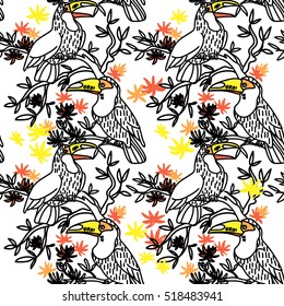 
Seamless pattern with toucans and tropical plants. freehand drawing, child's drawing. Pattern in the Scandinavian style.