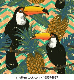 Seamless pattern with toucans, zigzags, pineapples, banana and monstera leaves. Hand drawn vector.