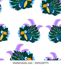 seamless  pattern ,toucans,vector,cartoon style,palm leaves