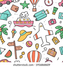 Seamless pattern Tourism elements. Doodle sketch. Hand drawn cute travel objects. Vector illustration.