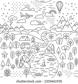 Seamless pattern. Tourism and outdoor recreation. Landscape in flat linear style. Mountains, hills, clouds, trees, camp, river. Nature, ecology and environment.