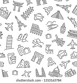 Seamless Pattern With Tourism And Travel. Black And White Thin Line Icons