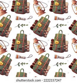 Seamless pattern with tourist backpack, lantern. Camping, traveling, trip, hiking, nature, campsite concept. Vector illustration. Perfect for product design, wallpaper, wrapping paper.
