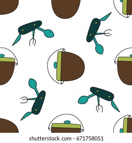 Seamless pattern with tourist equipment in flat style for web, wrapping paper and creative design. Vector illustration. 