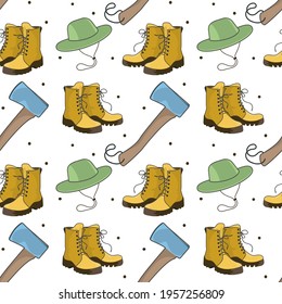 Seamless pattern with tourist items. Ammunition for recreation in the forest. Background, layout, design element