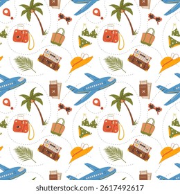 Seamless pattern with tourist items like passport, luggage, beach bag, camera, airplane, swim suit, palm trees. Endless texture about travel, tourism. Flat vector illustration on white background.
