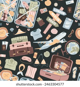 Seamless pattern with tourist items, luggage, tickets and plane. Travel time, summer vacation. Endless texture about trip and flight. Flat vector illustration