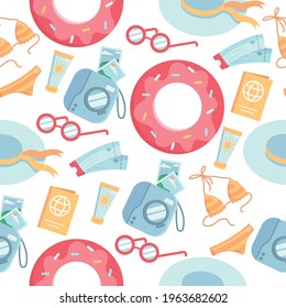 Seamless pattern of tourist items. Summer background of digital paper. Vector cartoon flat illustration