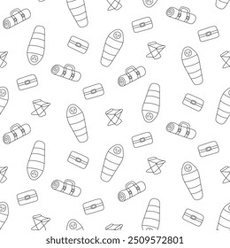 Seamless pattern tourist sleeping in sleeping bag. Black and white line art. Hand drawn doodle style. For textiles, clothes, backgrounds, postcards. Travel, hiking and camping concept. Vector illustra