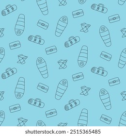 Seamless pattern tourist sleeping in sleeping bag. Black contour line art. Hand drawn doodle style. For textiles, clothes, backgrounds, postcards. Travel, hiking and camping concept. Vector