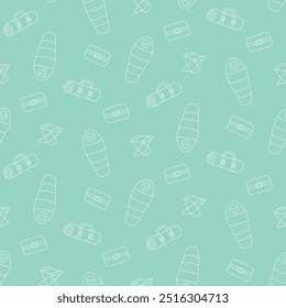 Seamless pattern tourist sleeping in sleeping bag. white Contour line art on green mint Background. Hand drawn doodle style. Vector illustration. For textiles, clothes, backgrounds, postcards. Travel