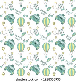 Seamless pattern of tourist theme in doodle style. Design, layout, print, label.