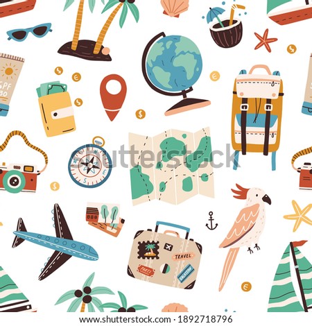 Seamless pattern with touristic items like passport, backpack, globe, cocktail, airplane, palm trees and map. Endless texture about travel and tourism. Flat vector illustration on white background.