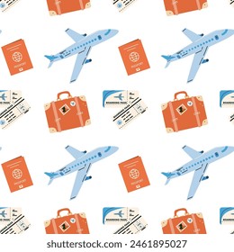 Patrón sin fisuras con artículos turísticos, equipaje, billetes y avión. Textura infinita sobre el viaje y el vuelo. Ilustración vectorial plana