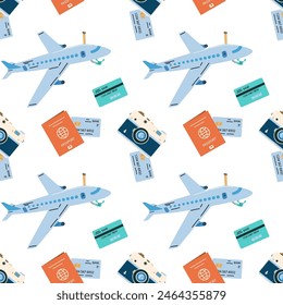 Seamless pattern with touristic items luggage, tickets and plane. Endless texture about trip and flight. Flat vector illustration