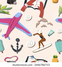 Seamless pattern with touristic stuff, airplan, serfer. Endless texture about travel and tourism. Colored flat vector illustration isolated on beige background. Hand Drawing.