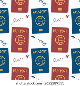 Seamless pattern with touristic stuff like passport plane and map. Endless texture about travel and tourism. Colored flat vector illustration isolated on white background
